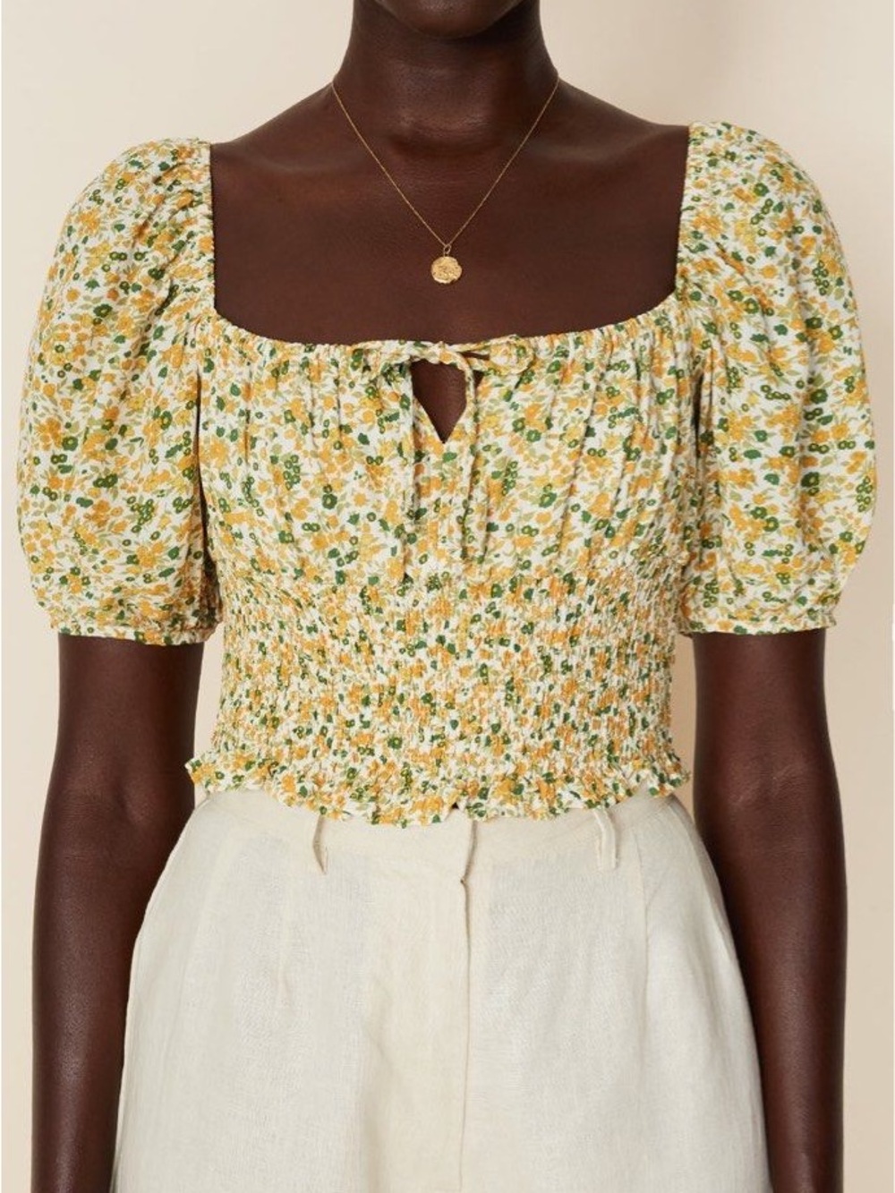 NWT Cottagecore Faithfull the Brand Yellow Floral Smocked Crop Top Retro Medium